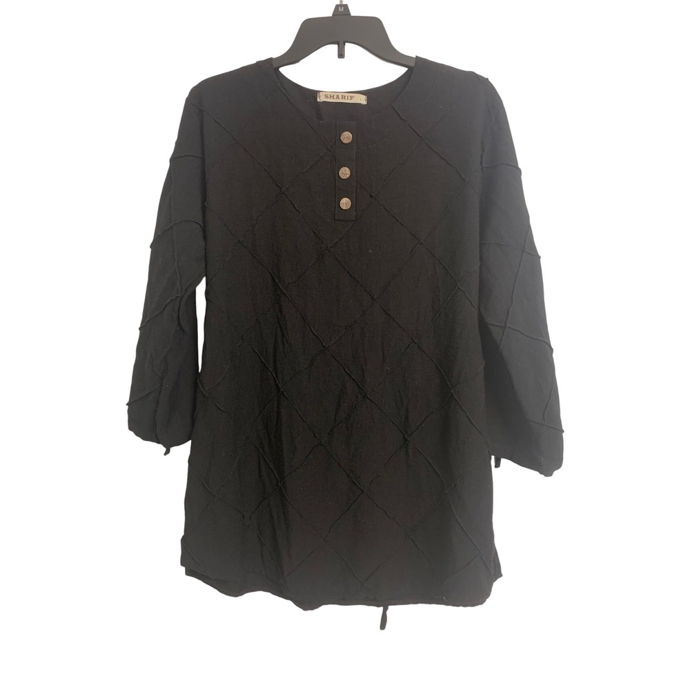 Sharif Black Raised‎ Seam Diamond Pattern Henley Tunic Top Back Tie